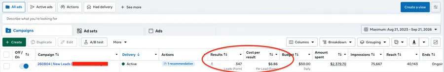 Ads Manager: 347 leads at $6.86